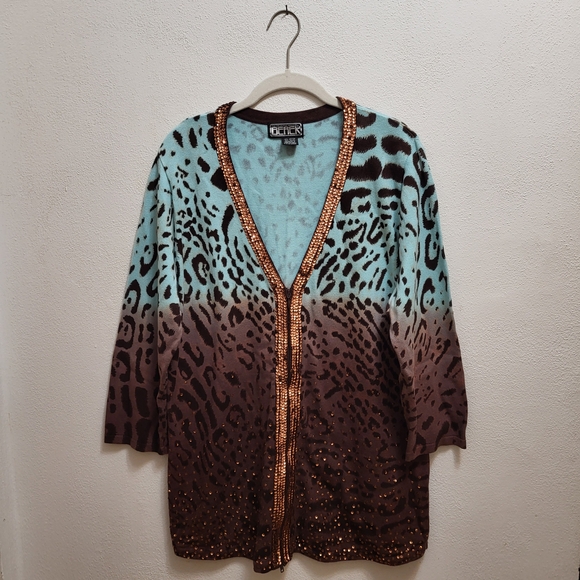 berek Sweaters - VTG Berek Leopard Print Zip Cardigan Sweater Brown Turquoise Ombre Sequins READ
